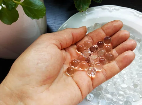 Transparent hydrogel beads held in a hand