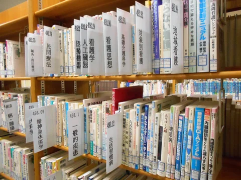 Medical books on shelves in Hamamatsu Municipal Hamakita Library