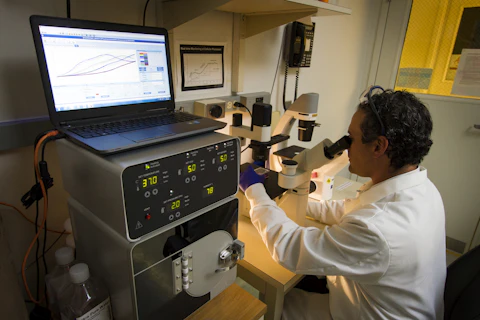 A researcher examining a slide through a microscope